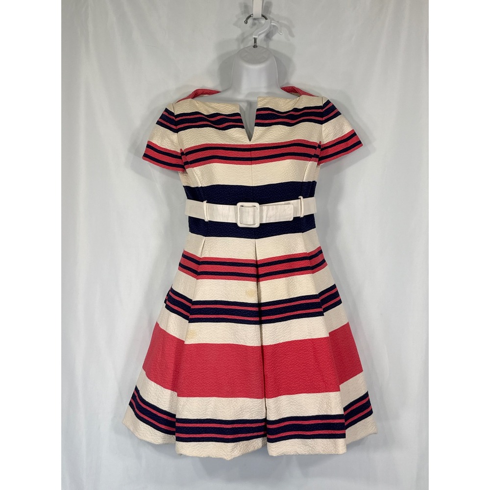 VTG Chester Weinberg Striped Fit Flare Dress Pink White Blue Nautical 60s 70s